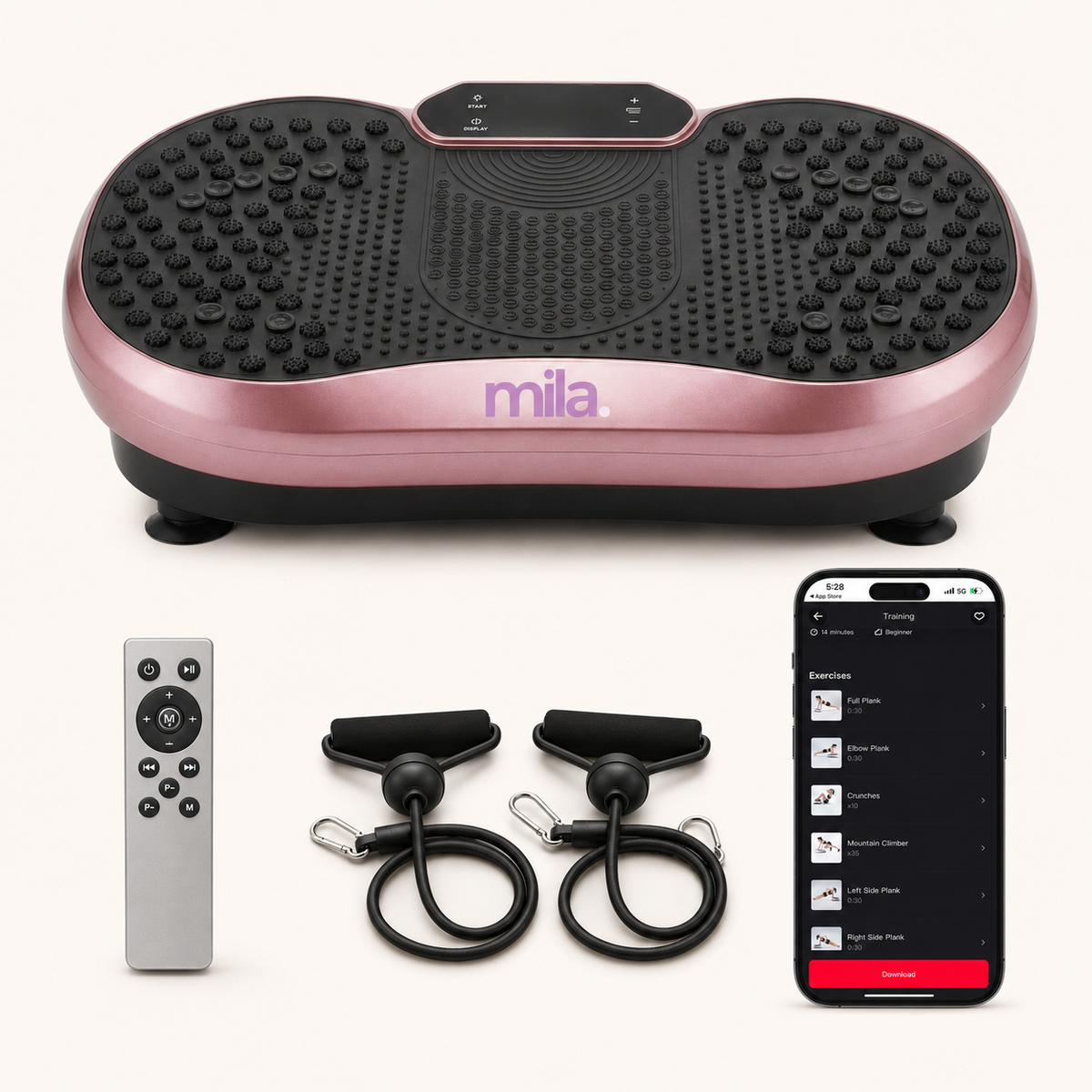 Mila vibration plate exercise machine in rose gold and black, shown with a remote control, two resistance bands, and a smartphone displaying the training app on a light cream background.